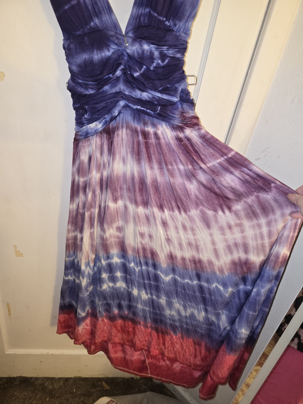 V-Neck Cross Back Tie-Dye Maxi Dress in Purple, Blue & Pink Size Sm/med EUC